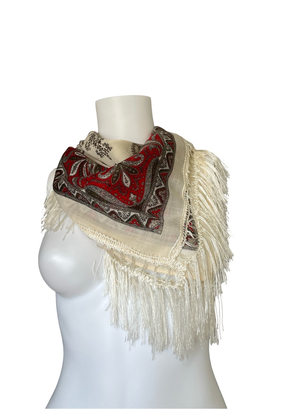 Vintage Square Scarf with Fringe Trim Wool Red Cream